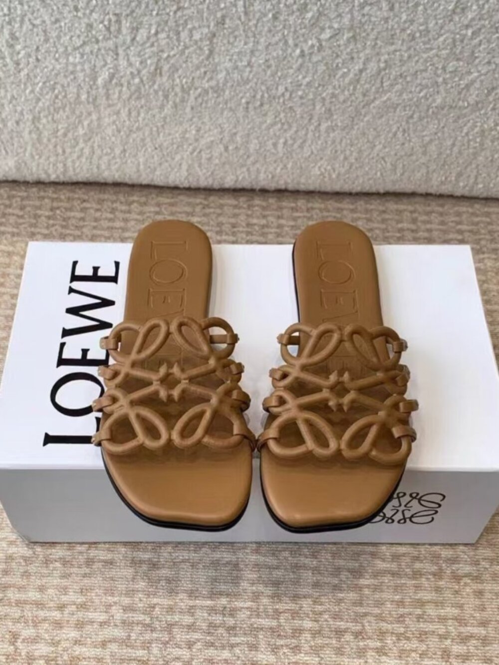 LOEWE Tan Leather Woven Slide Sandals